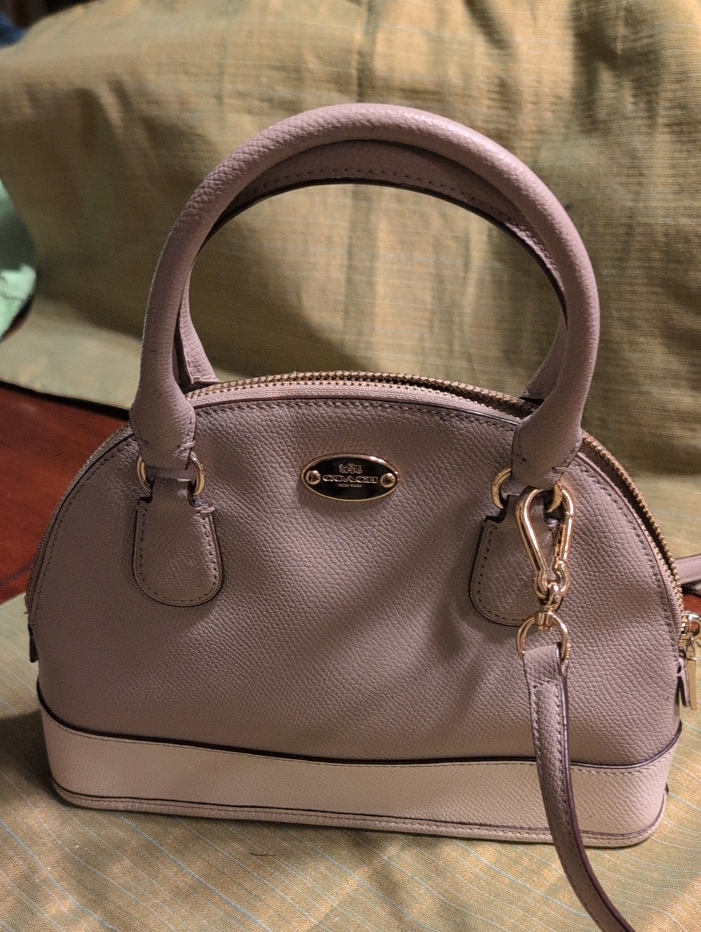Coach Mini Cora Pebbled Leather Dome Satchel in Beige And Cream